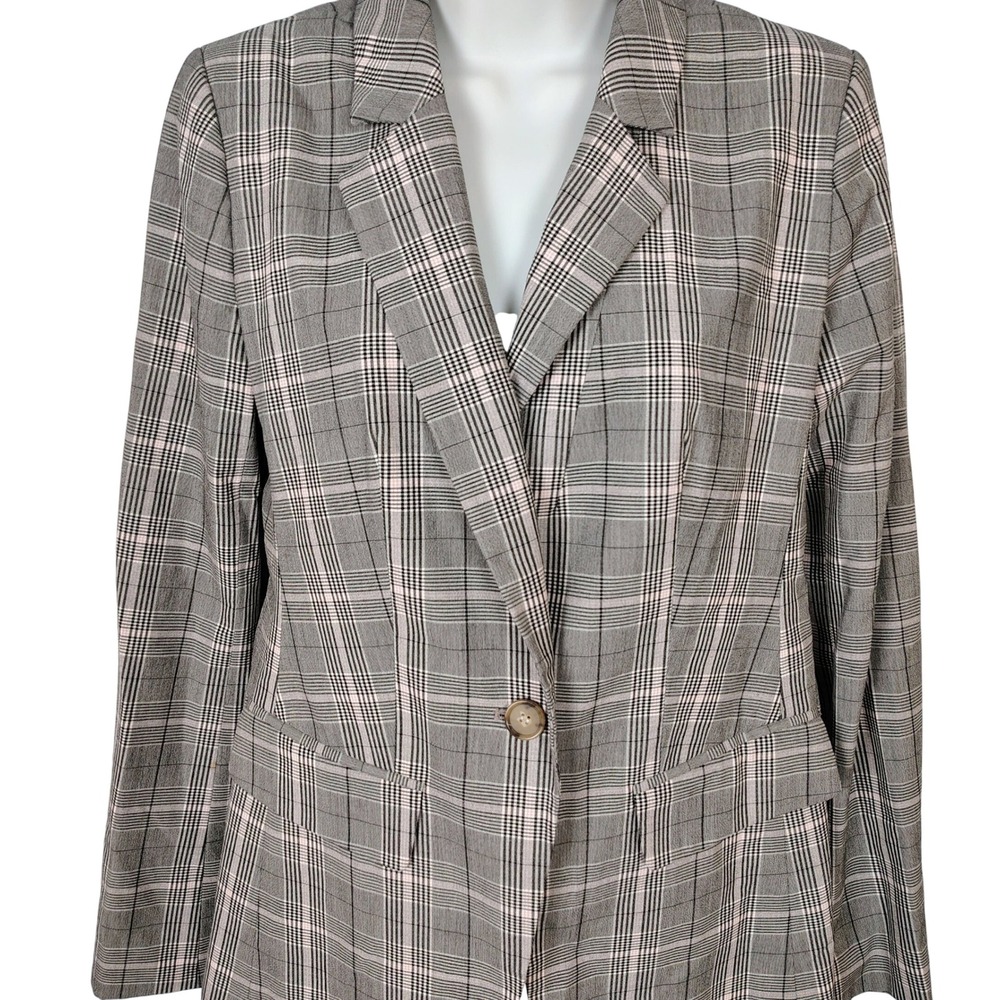 LOFT Womens Grey Pink Glen Plaid Single Button Blazer Jacket Size 2 Professional